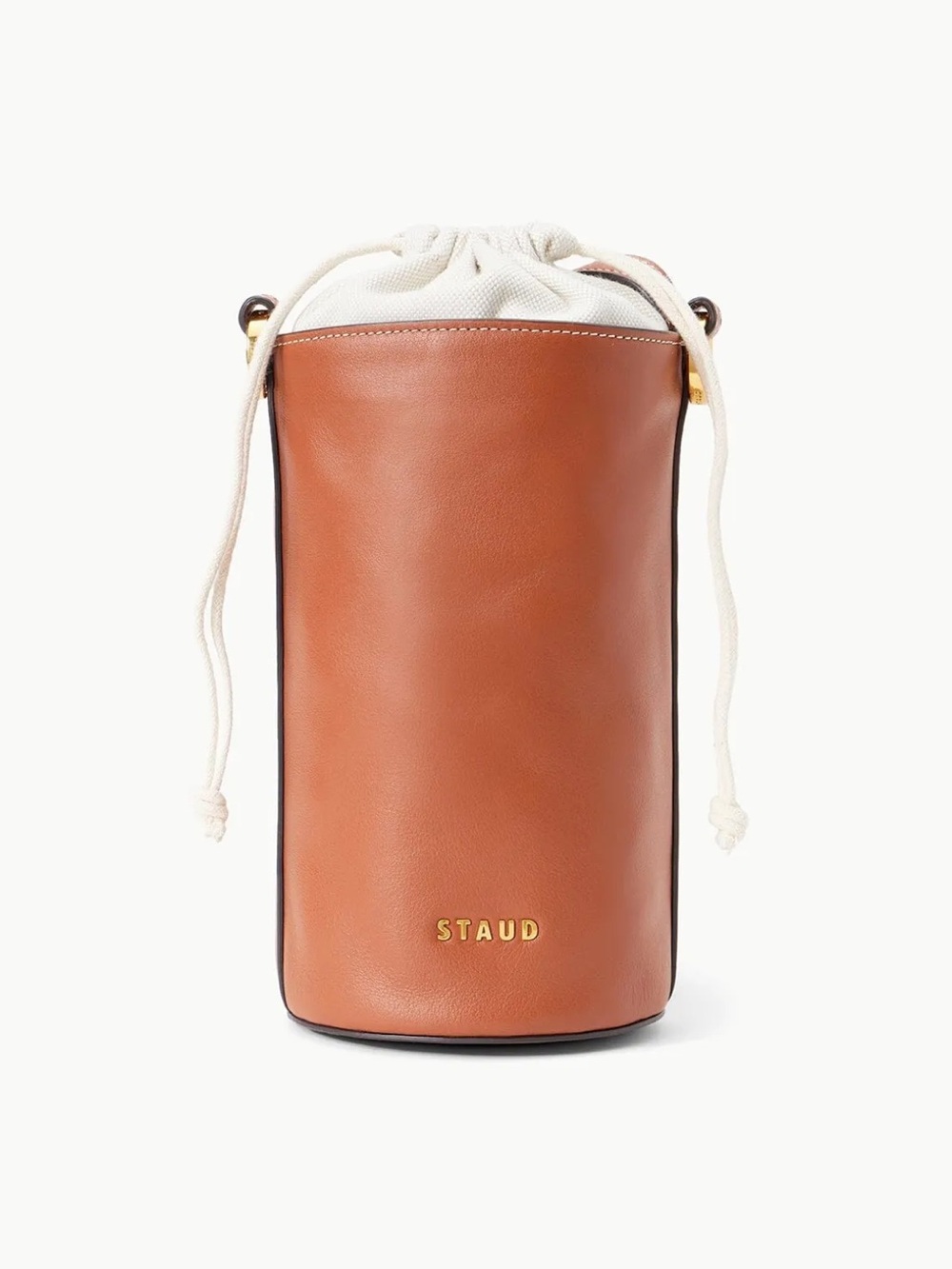 STAUD Tan Leather “Water bottle” Bucket Bag with Cream Canvas Drawstring